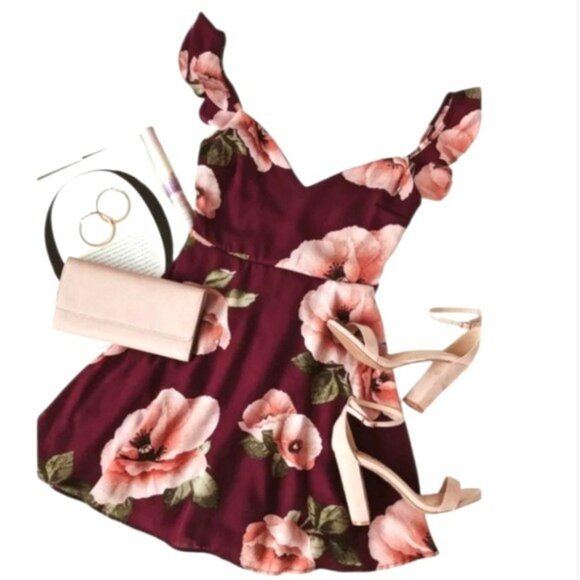 Lulus Women's Floral Ruffle Strap Fit & Flare Mini Formal Dress Burgundy Medium - Picture 1 of 16